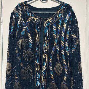 Vintage Hand-Beaded Sequin Jacket | Art Deco | Black Blue Gold | Evening Glam